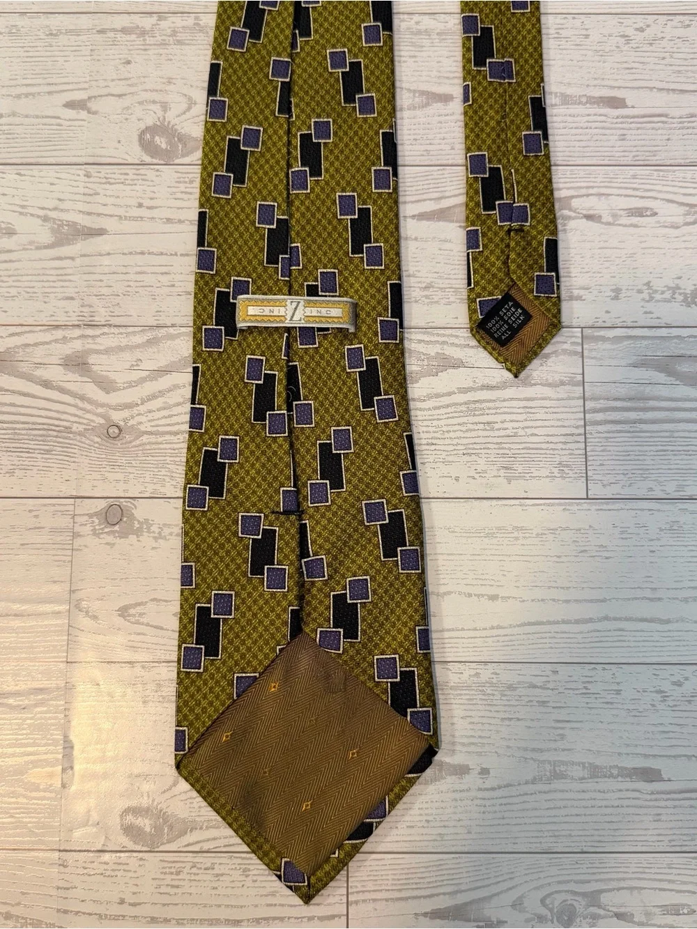 Z. INC, Vintage 100% Silk Tie, Geometric Olive Green, Black, Purple Necktie